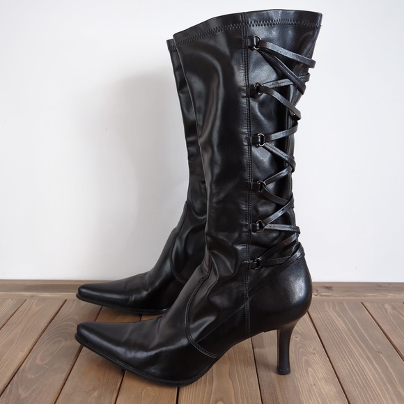 Franco Sarto Women’s Tall Black Shiny Faux Leather Back Lacing Pointed Boots - Picture 2 of 12